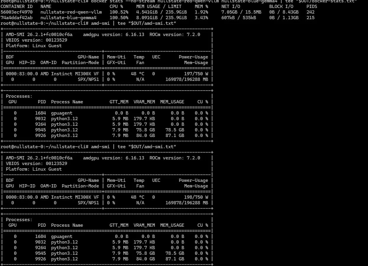 Terminal evidence showing nullstate red and blue vLLM containers and AMD Instinct MI300X GPU information