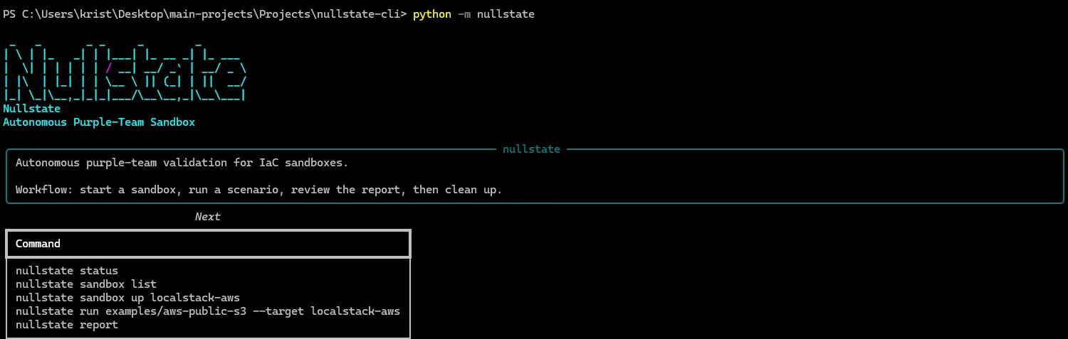 nullstate CLI launch screen showing the autonomous purple-team sandbox workflow and next commands