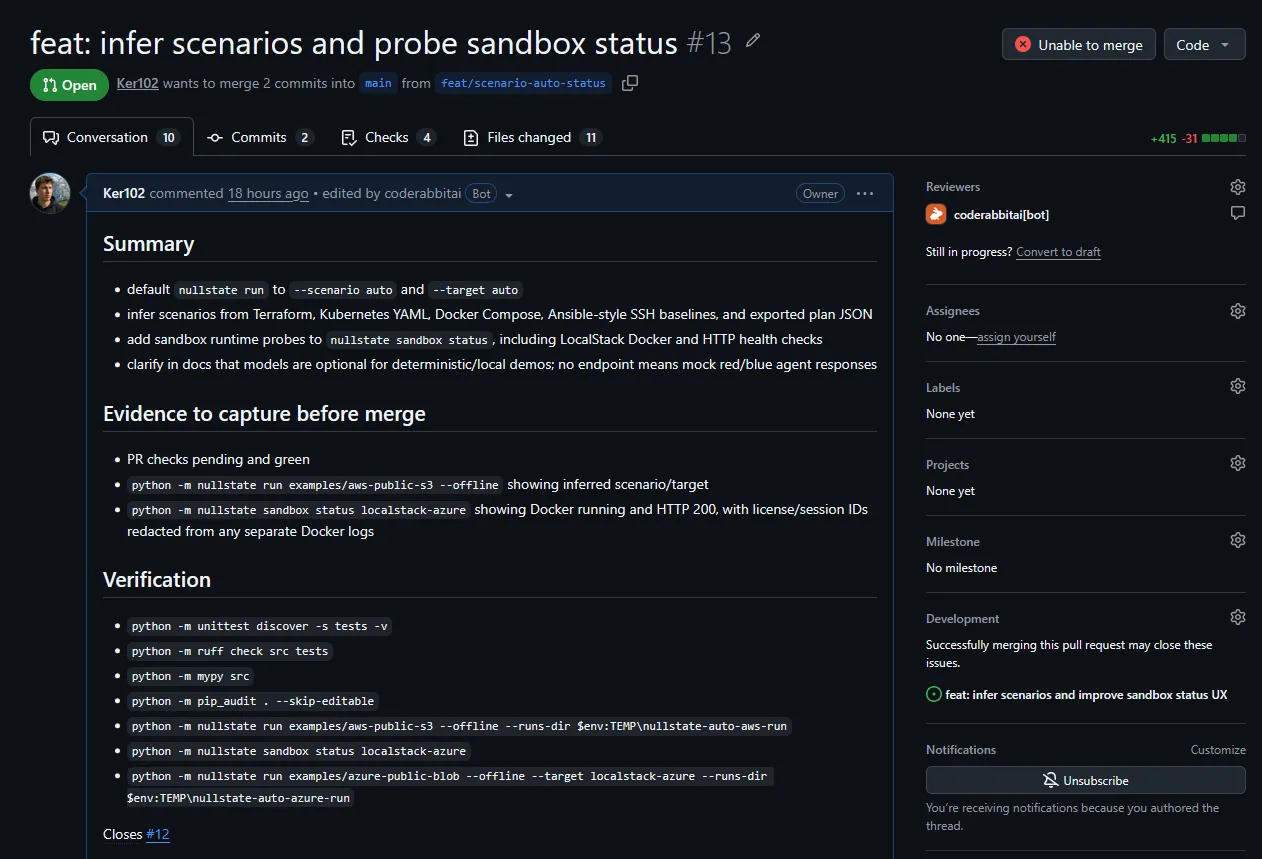 GitHub pull request for nullstate scenario inference and sandbox probes with checks and verification commands