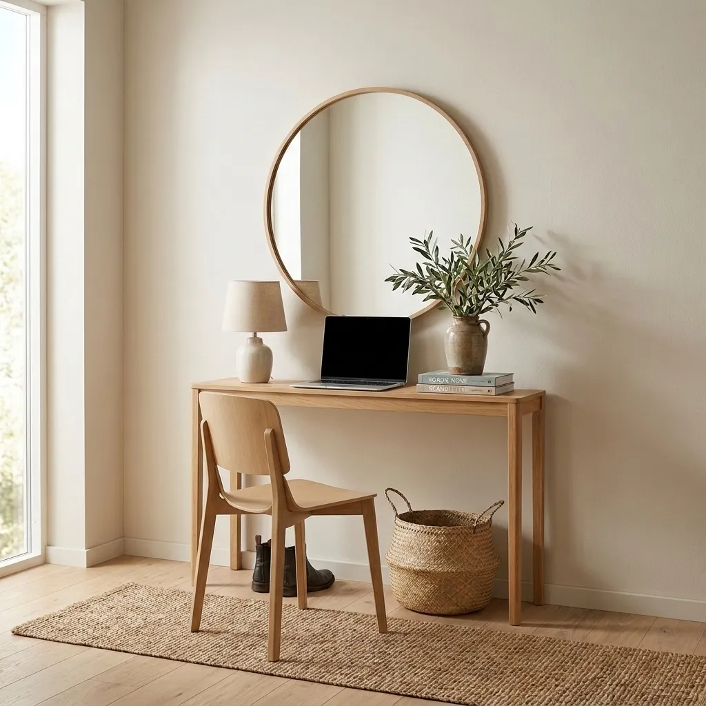 Reference image of a Scandinavian entryway with a console table, laptop, mirror, lamp, chair, basket, books, plant, boots, rug, and window