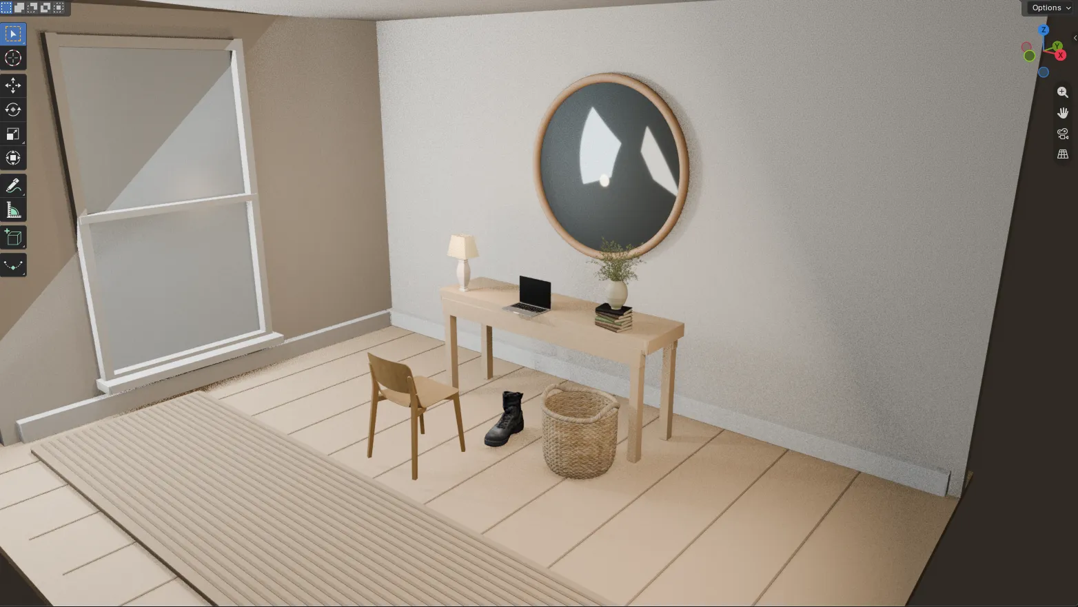 ViperMesh benchmark Blender output for the Scandinavian entryway reference task